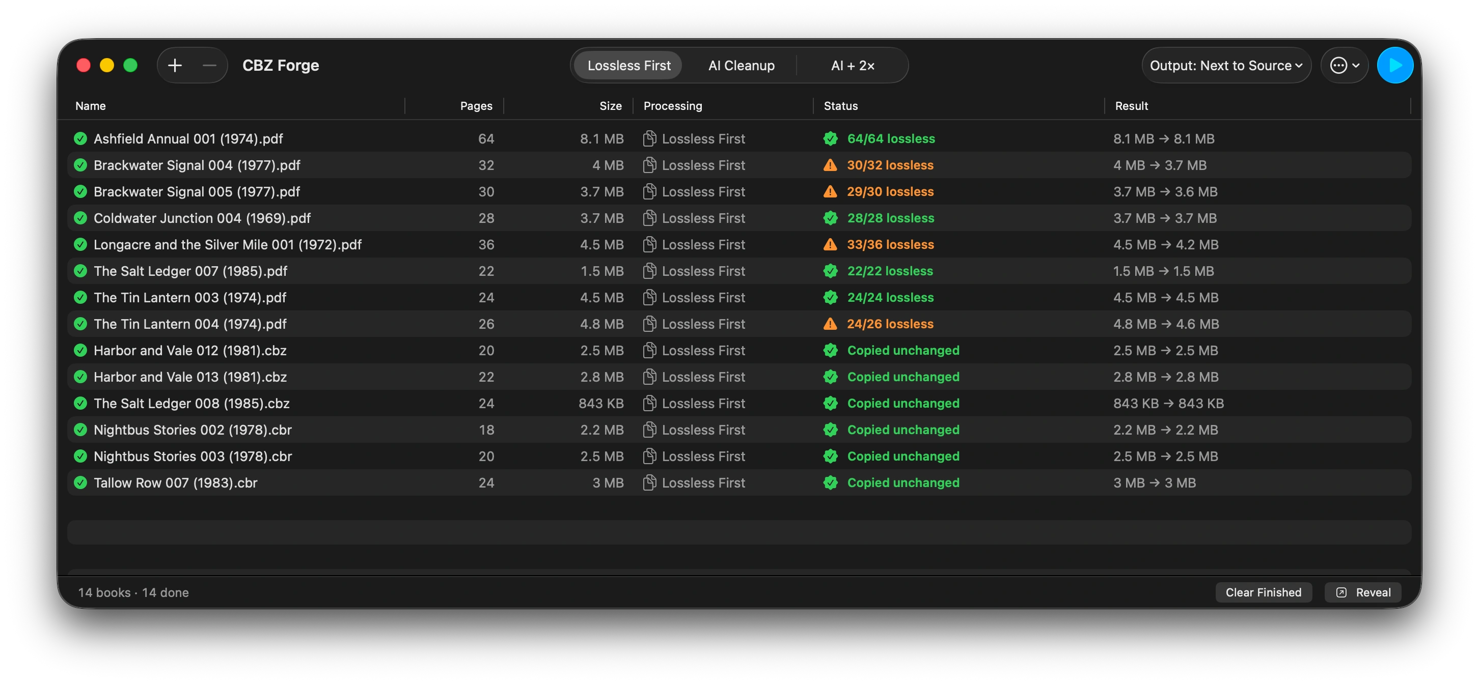 The CBZ Forge queue after converting fourteen comics, with a Status column showing a mix of green “64/64 lossless” and “Copied unchanged” results alongside orange partial results such as “33/36 lossless”.