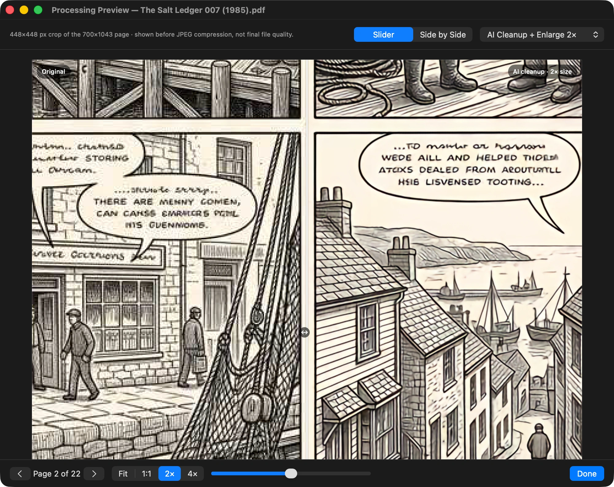 The CBZ Forge processing preview comparing an original JPEG-damaged comic page against the on-device AI cleanup at 2× size, with a header noting the crop is shown before JPEG compression.