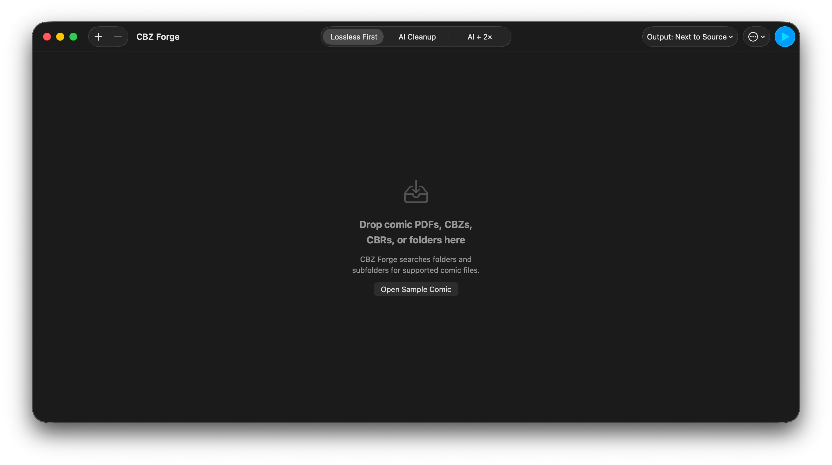The CBZ Forge empty state on first launch, showing the drop target for adding comic files and folders.