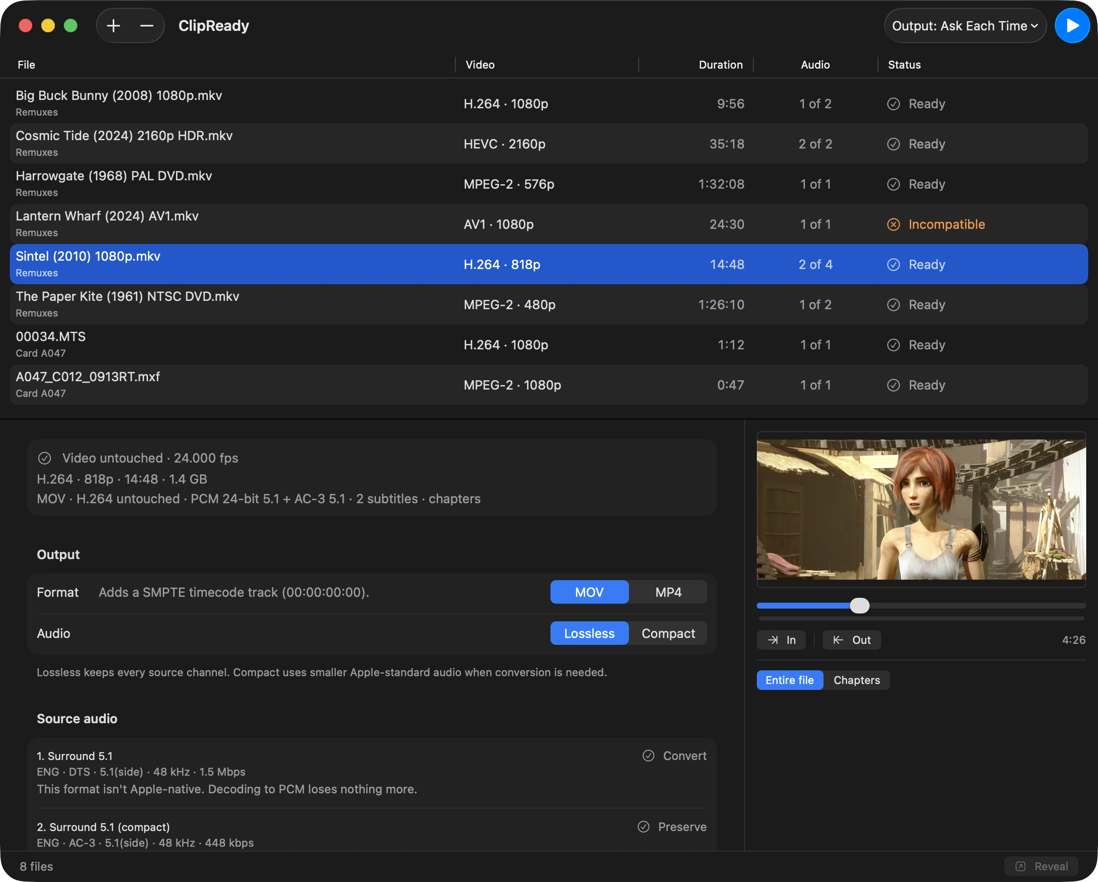 The ClipReady queue with eight files: MKV disc backups, an AVCHD card clip, and an MXF clip, each showing its video codec, duration, audio track count, and status. Below, the selected file’s plan reads “Video untouched · 24.000 fps” over its output settings and per-track audio verdicts.