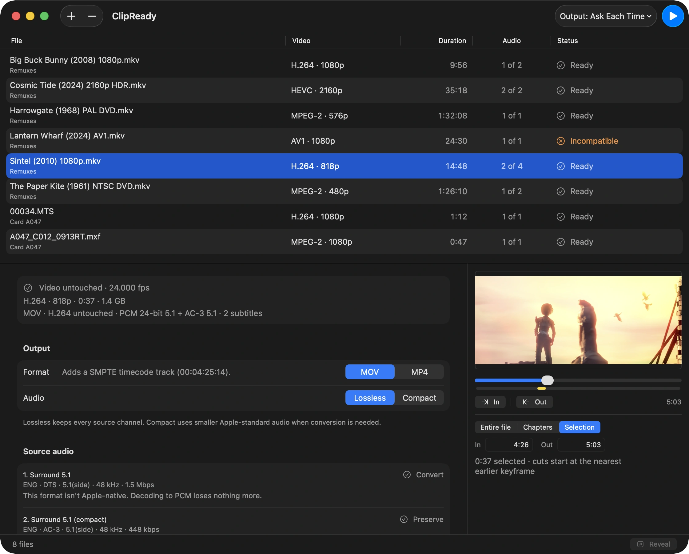 The source preview on the Selection tab with In set to 4:26 and Out to 5:03, a yellow range bar under the scrubber, the line “0:37 selected · cuts start at the nearest earlier keyframe”, and a format line reading “Adds a SMPTE timecode track (00:04:25:14)”.