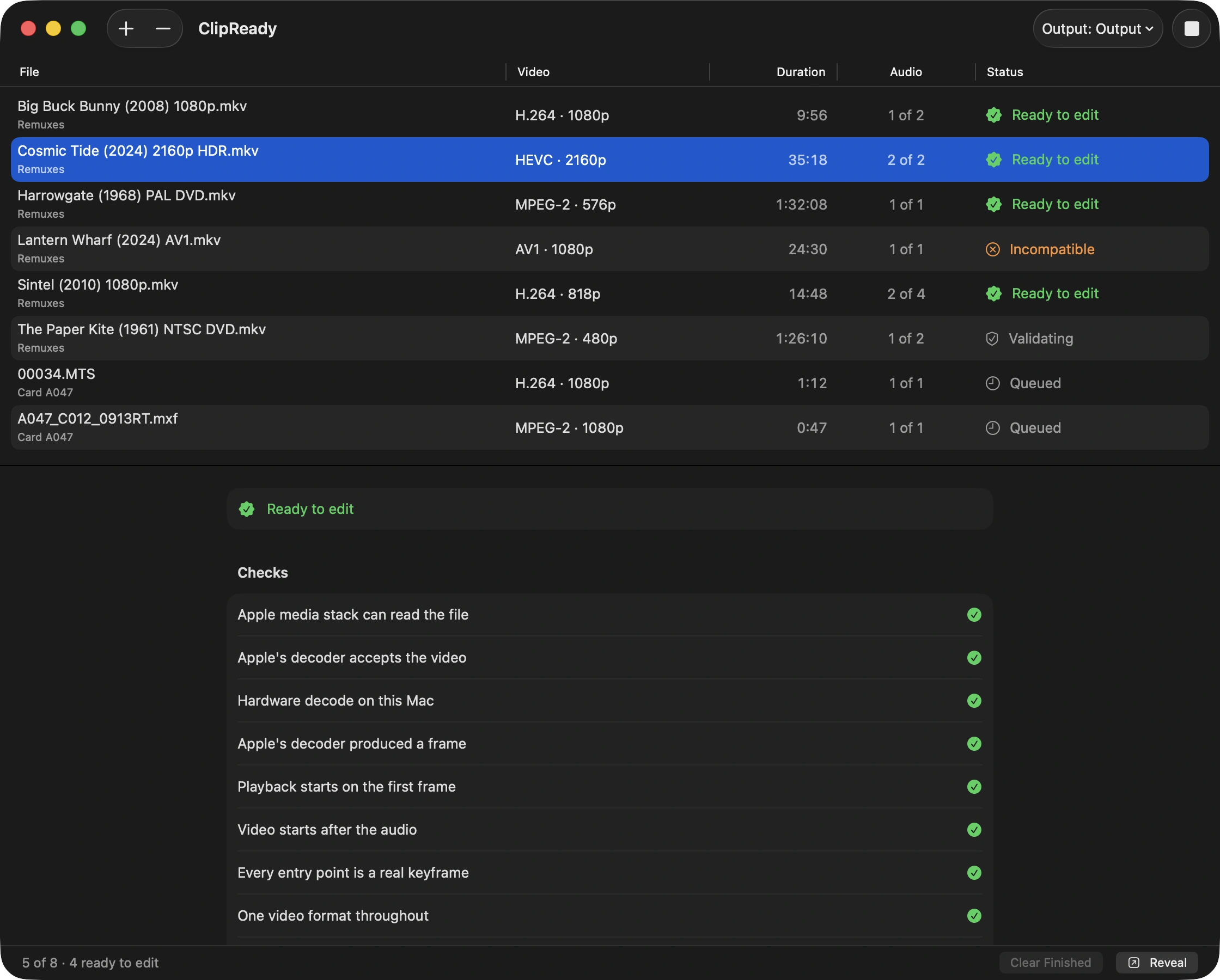 The post-flight check list for a finished UHD HEVC file, every row green: Apple media stack can read the file, Apple’s decoder accepts the video, hardware decode on this Mac, Apple’s decoder produced a frame, playback starts on the first frame, video starts after the audio, every entry point is a real keyframe, one video format throughout.