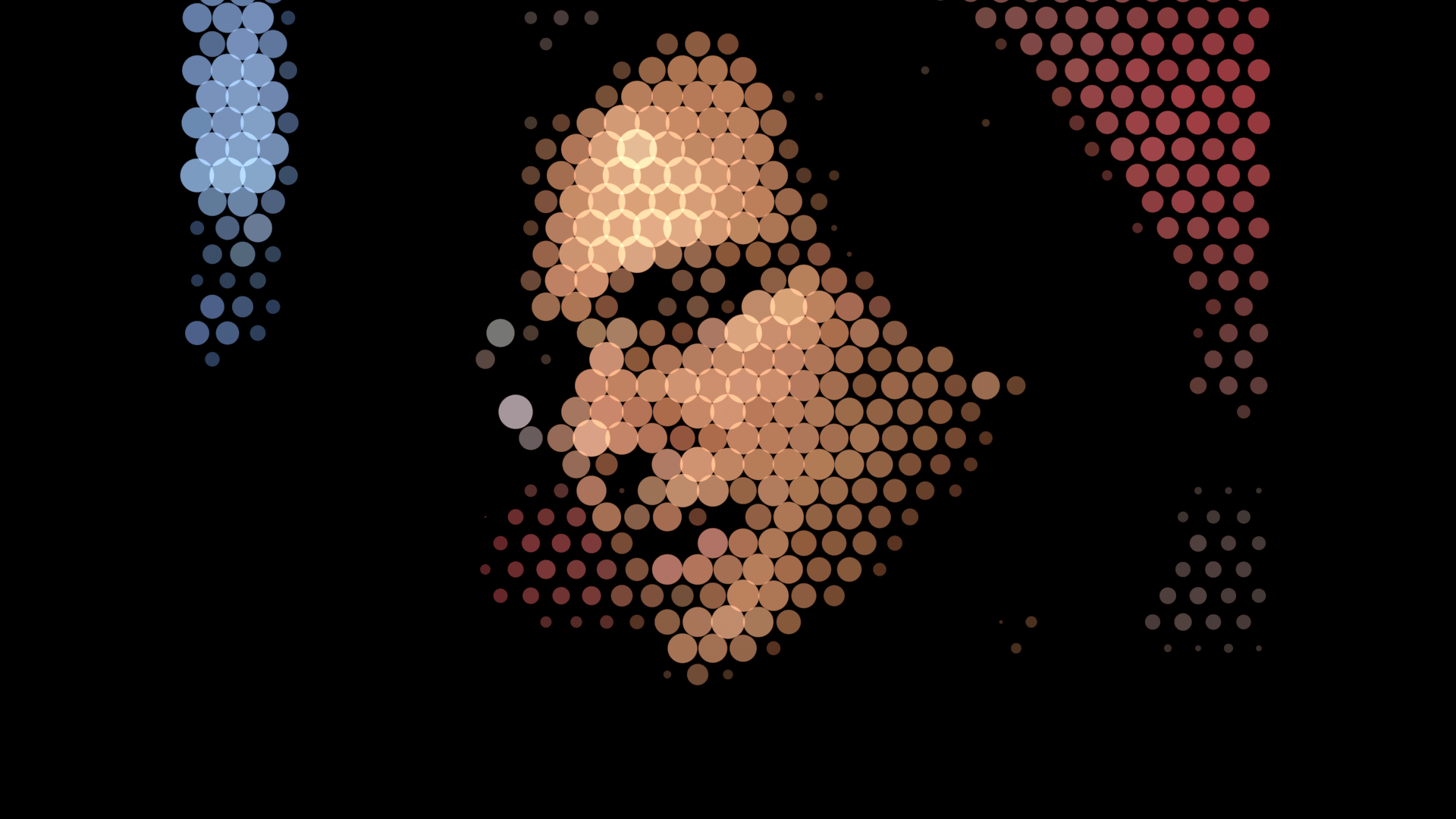 A cinematic profile formed from a dense field of circular dots, larger in shadow and tiny in highlight, on a dark warm ground.