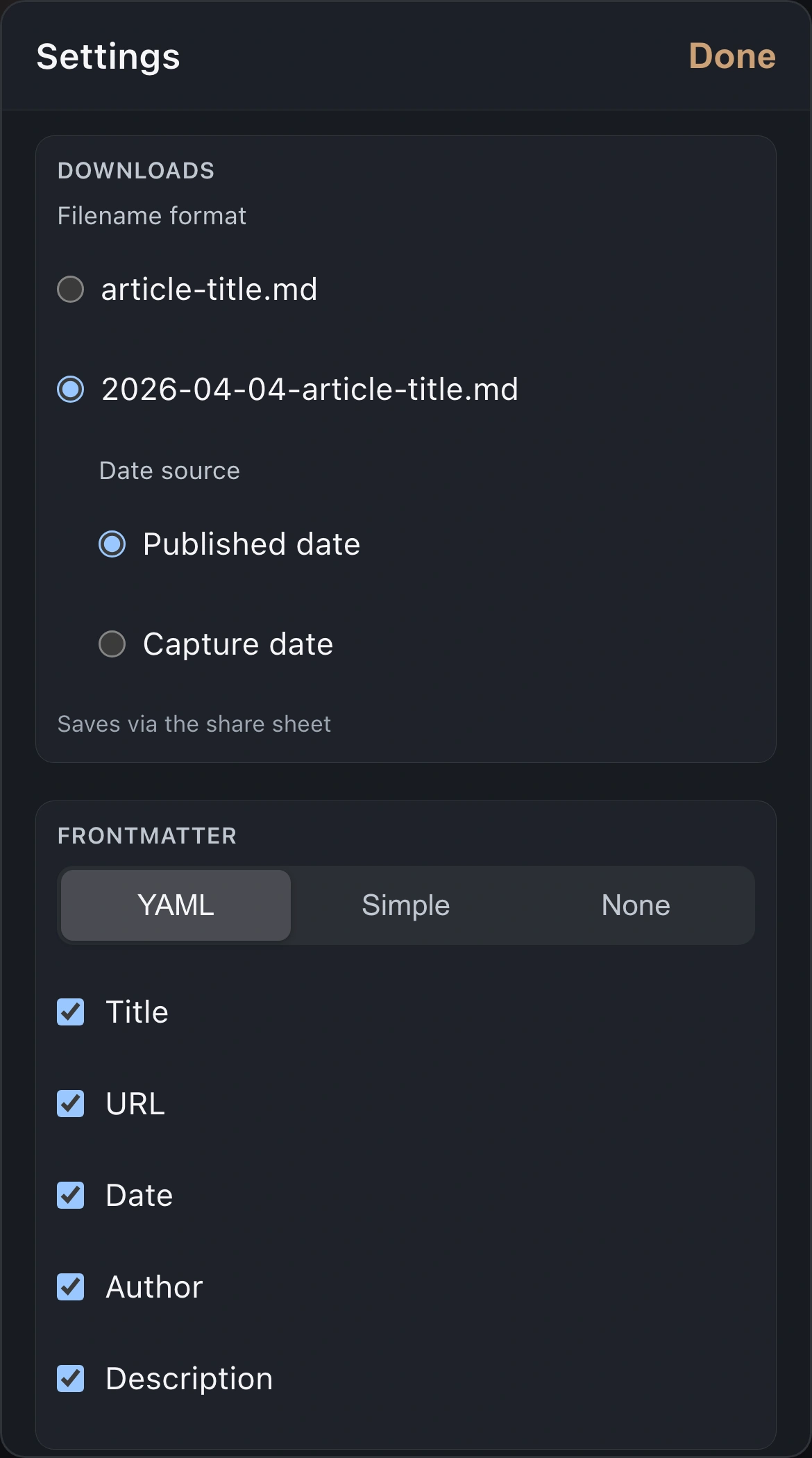 ReaderMD settings in Safari on iPhone, showing frontmatter format and filename format options.