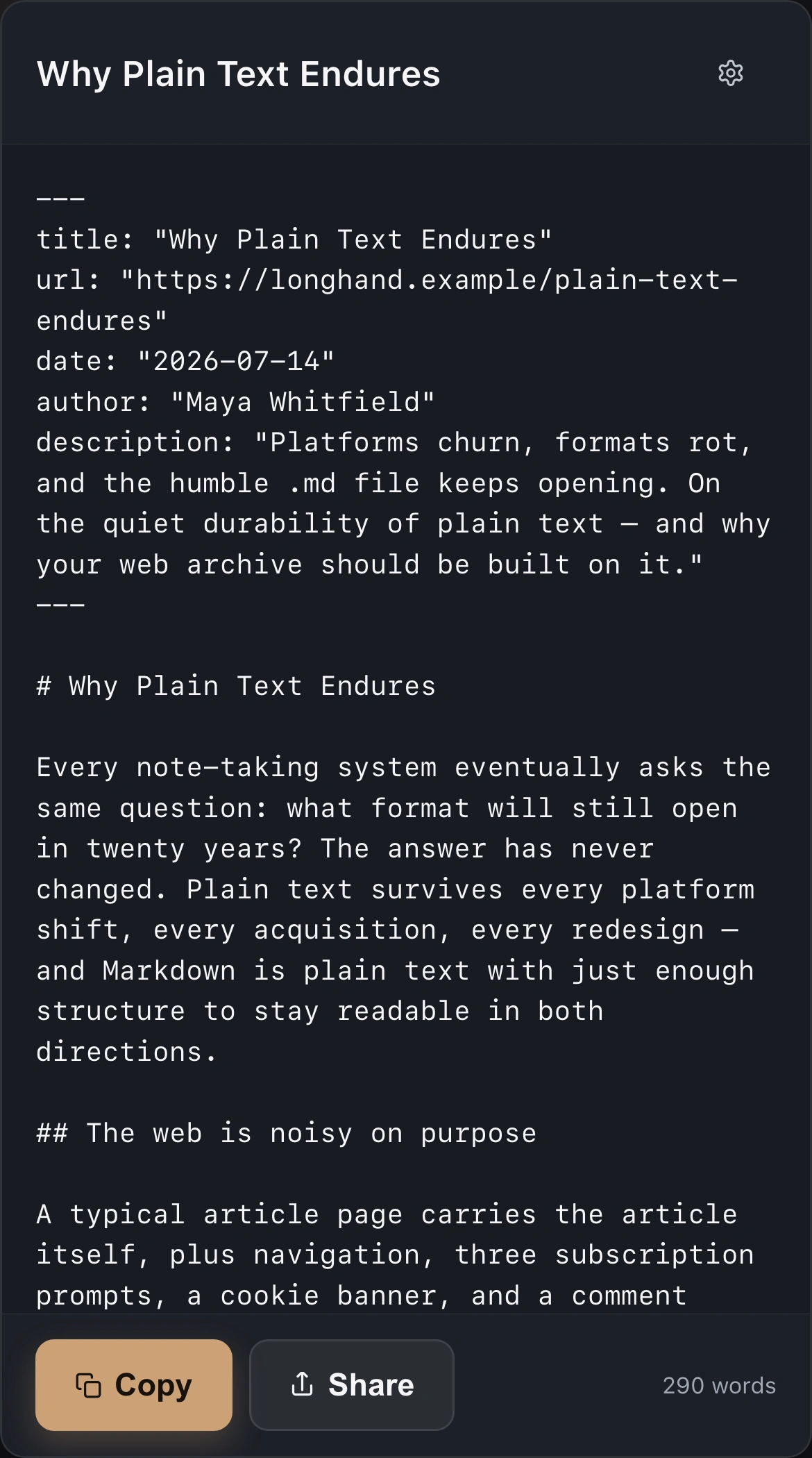 The ReaderMD popover in Safari on iPhone showing the same converted article as Markdown, with Copy and Share buttons.