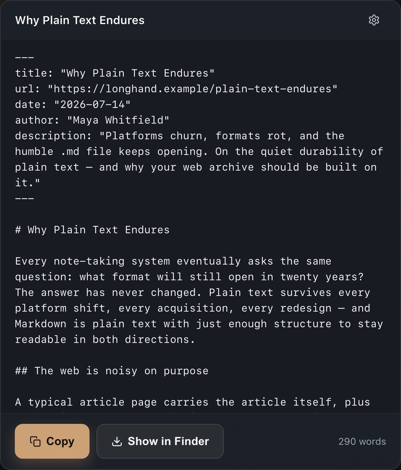 The ReaderMD popover on macOS after saving, confirming the Markdown file was written to Downloads with a Show in Finder action.