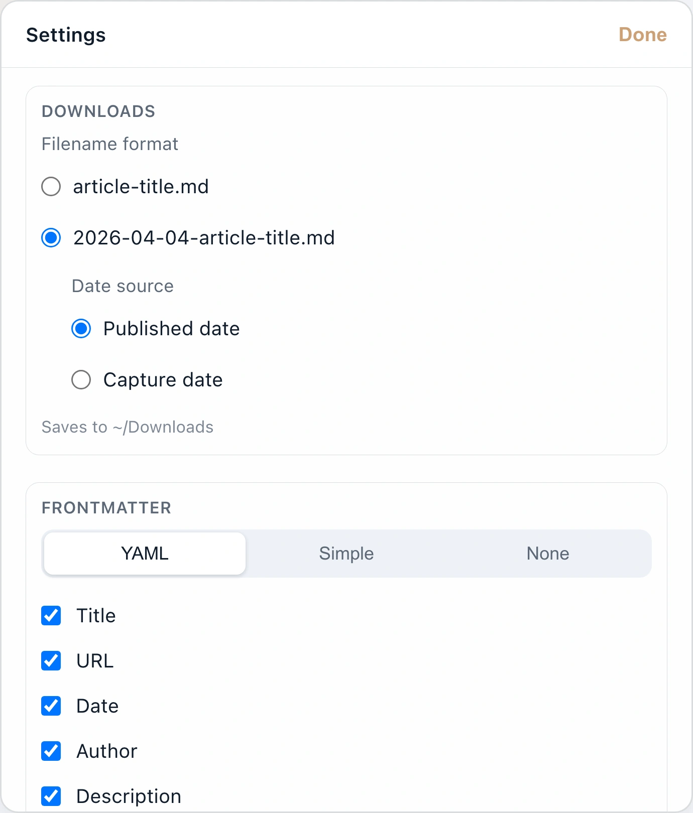ReaderMD settings on macOS in light appearance, showing frontmatter and filename format controls.