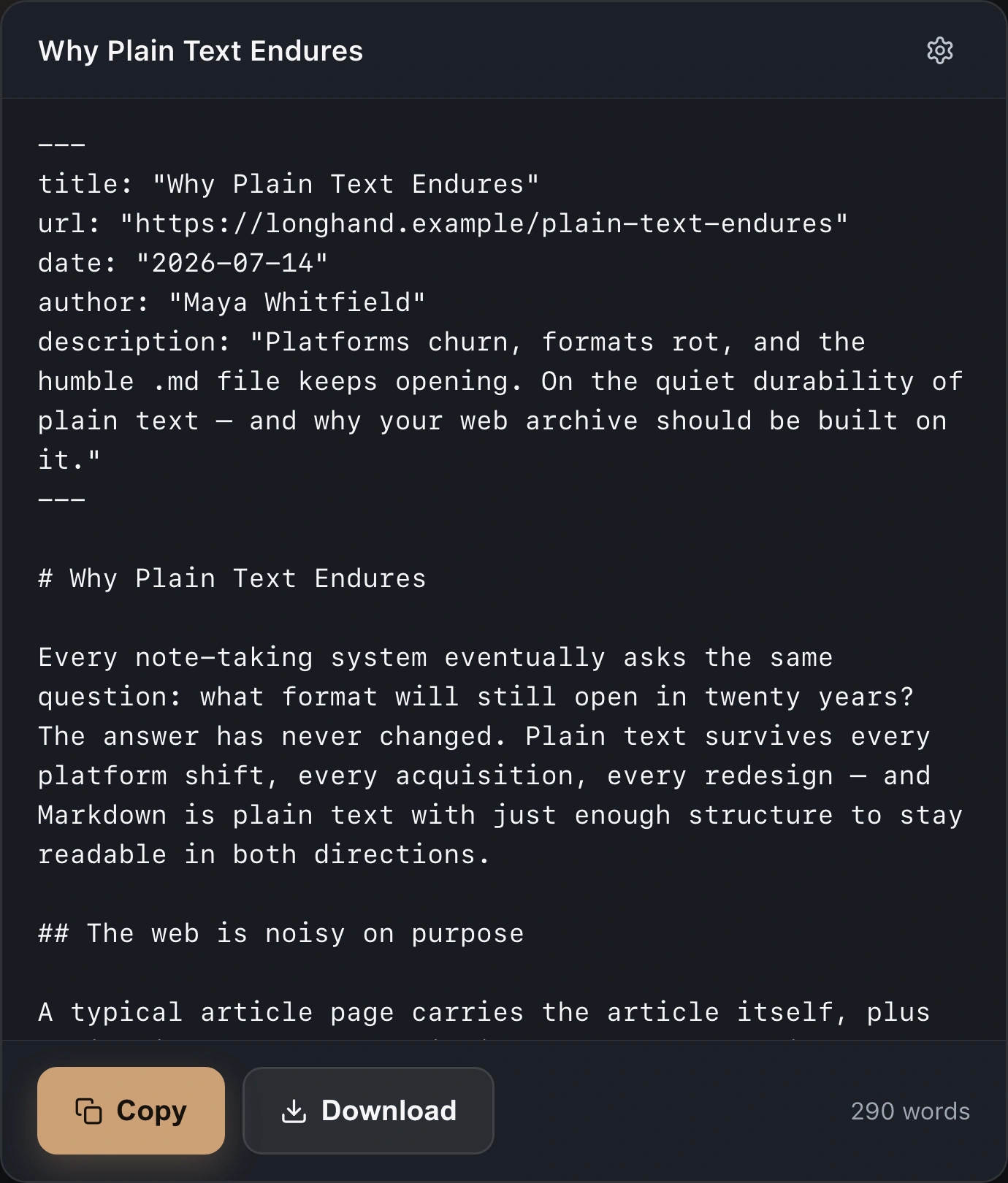 The ReaderMD popover on macOS showing a converted article as Markdown, with YAML frontmatter listing title, url, date, author and description, plus Copy and Download buttons and a 290-word count.