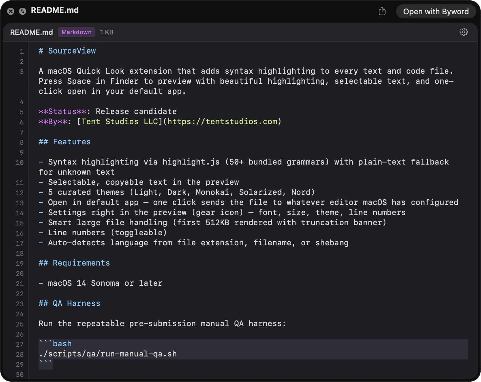 Syntax Look Quick Look panel showing syntax-highlighted code
