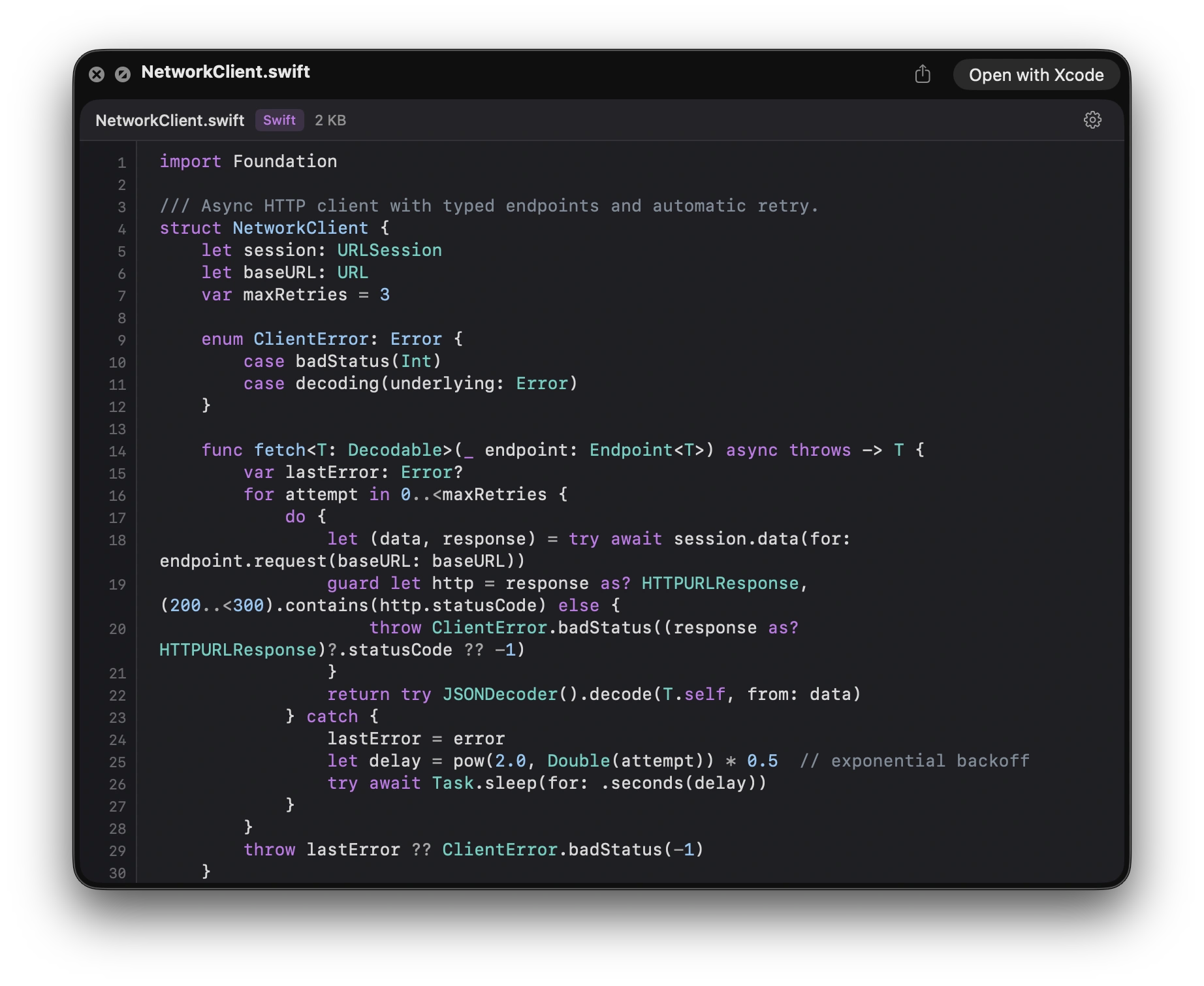 Syntax Look Quick Look panel showing NetworkClient.swift with syntax-highlighted Swift, line numbers, and an Open with Xcode button.