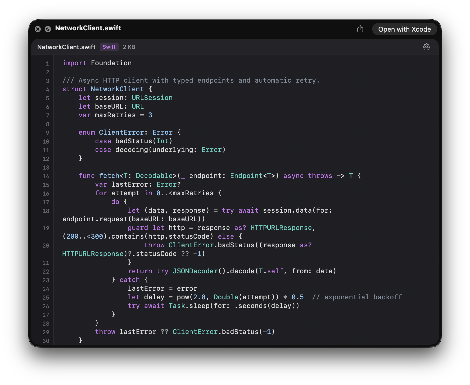 Syntax Look Quick Look panel showing syntax-highlighted Swift code