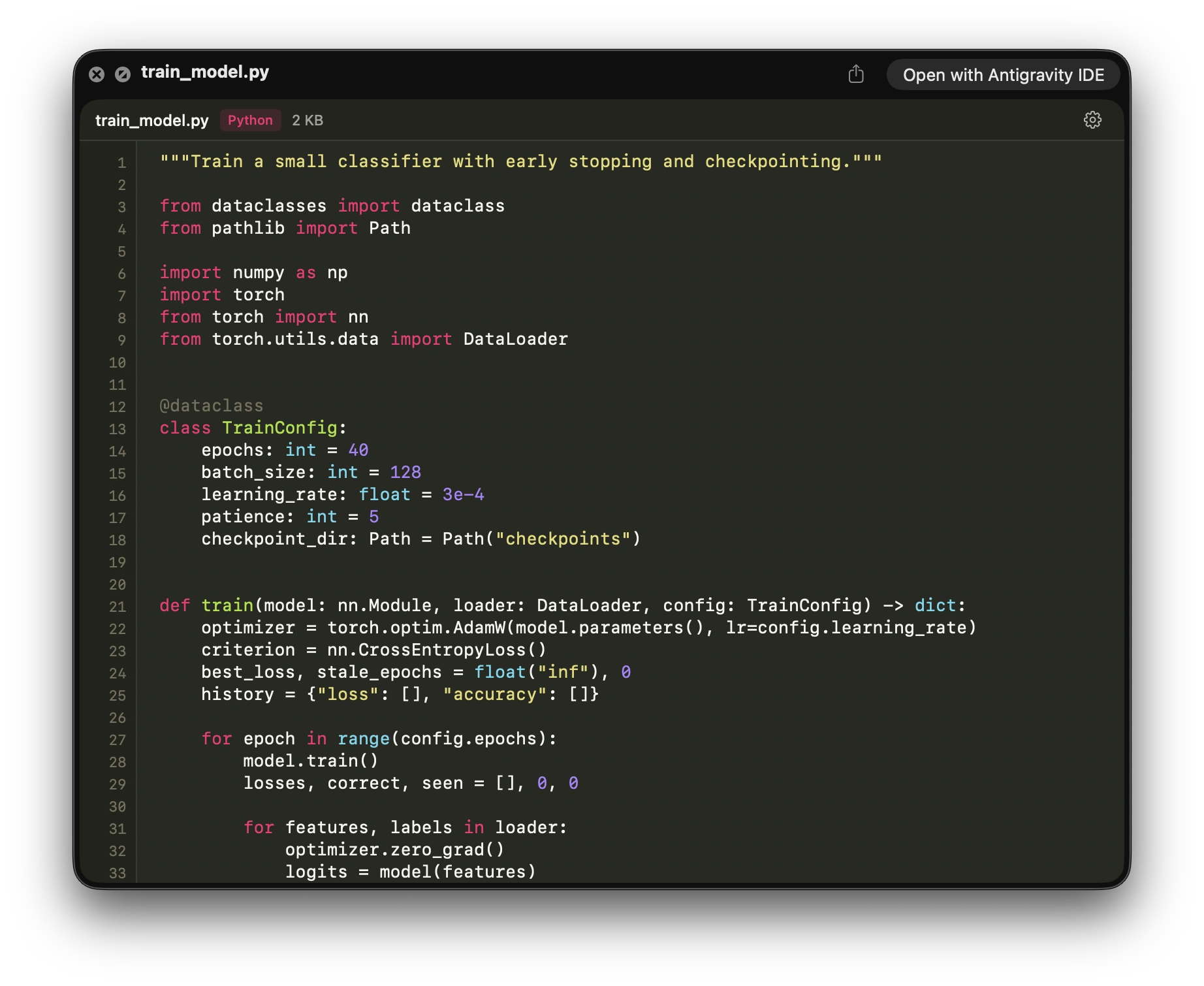 Quick Look preview of train_model.py, a Python training script, highlighted in the Monokai theme.