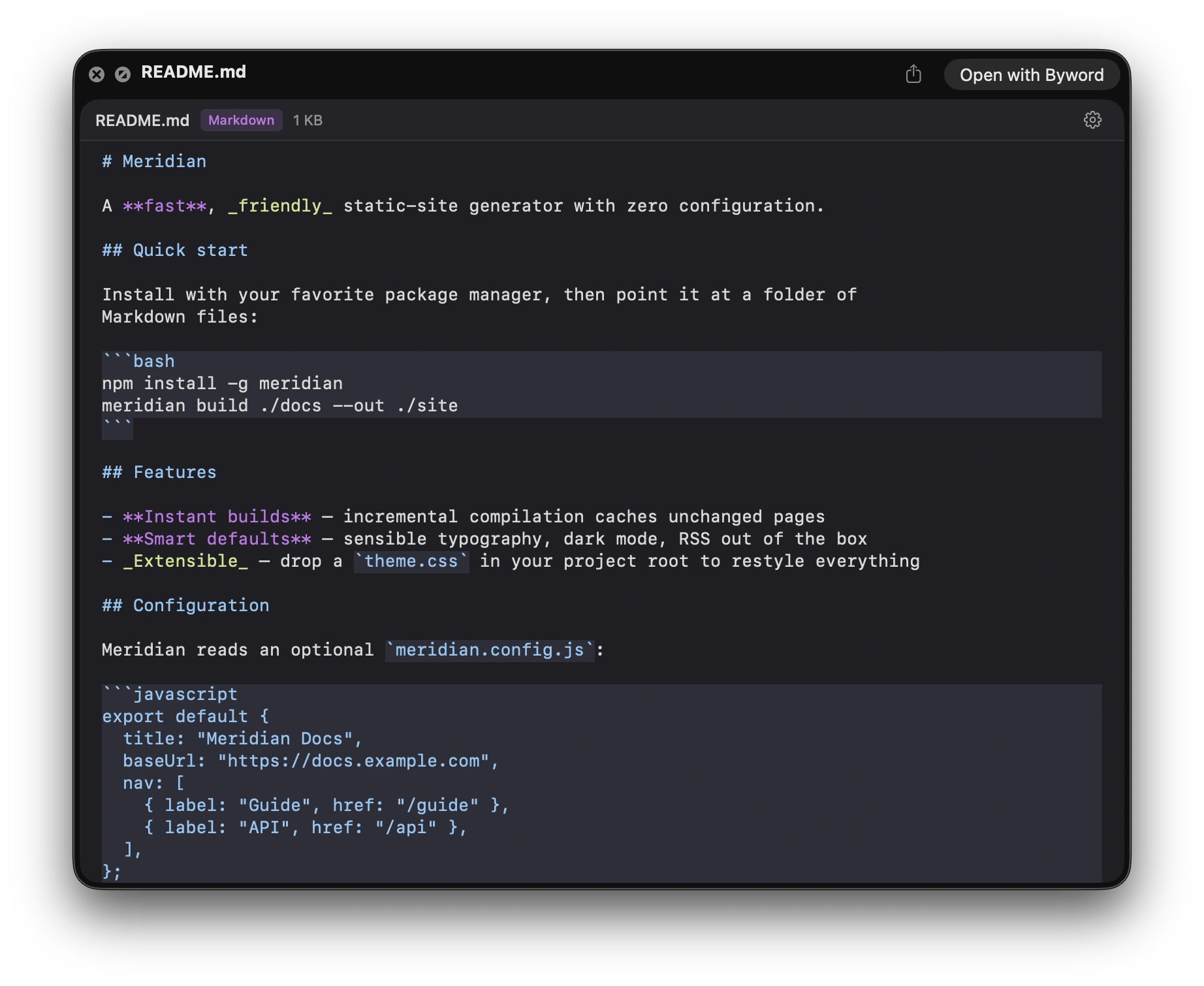 Quick Look preview of README.md in the dark theme, showing headings, bold and italic emphasis, and fenced code blocks.