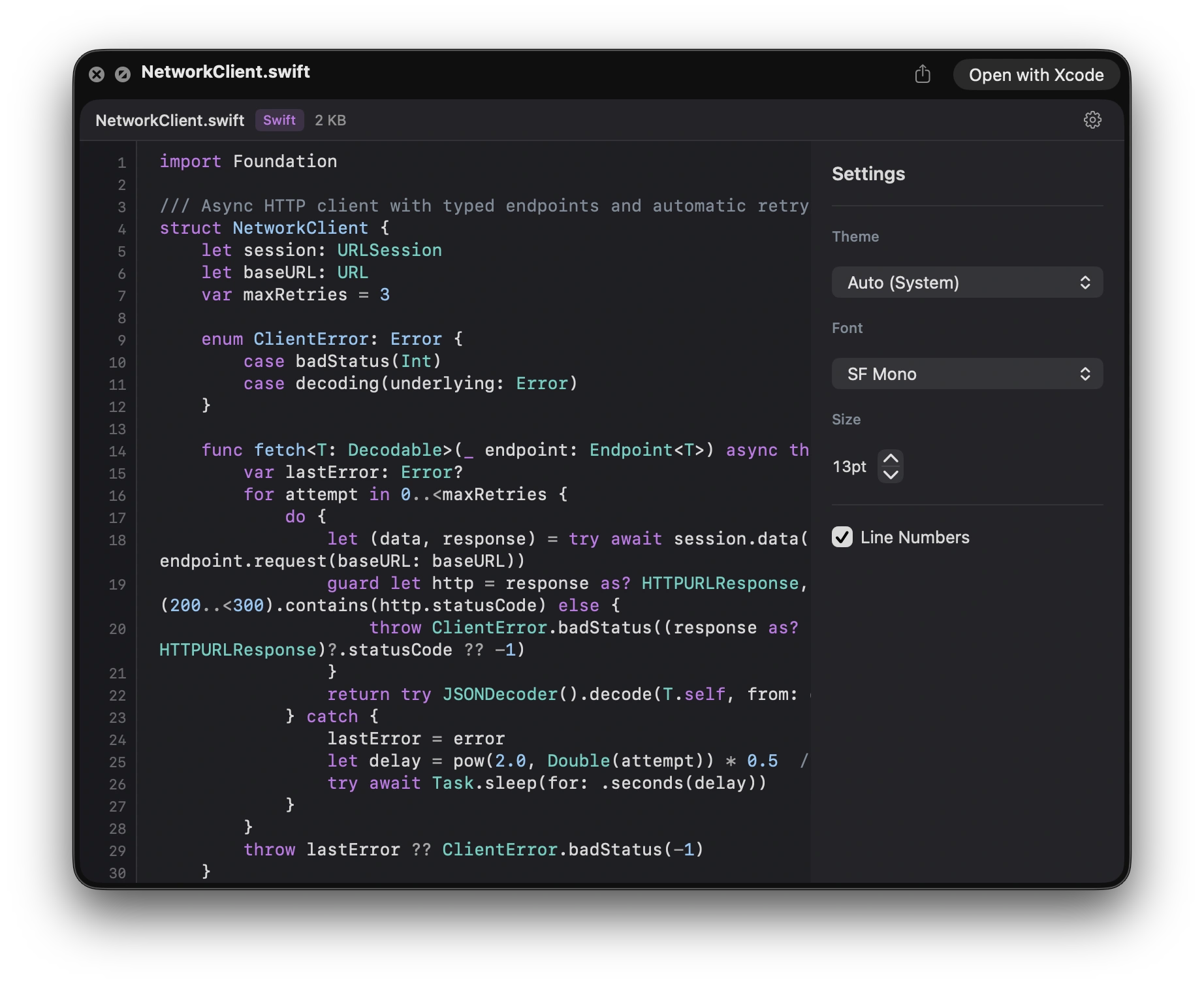 The Syntax Look settings panel open beside a Swift preview, with theme, font, size, and line-number controls.